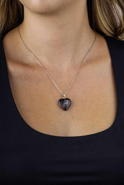 Gümüş Pazarım Kalp Kesim Orijinal Damarlı Akik Doğal Taş Çelik Zincirli Kadın Kolye - 3