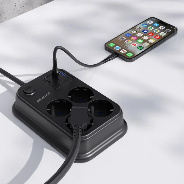 Polosmart MP22 Akım Korumalı 4 Priz 2 USB 1 Type-C Çıkışlı Uzatma Kablosu 2 Metre Siyah - 3
