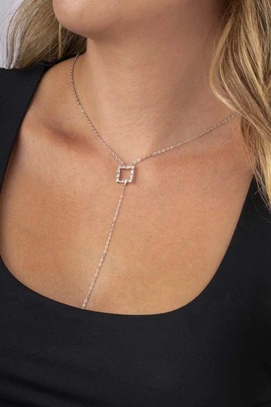 Gümüş Pazarım Baget Taşlı Kare Y Model Beyaz Altın Kaplama Kadın Çelik Kolye - 3