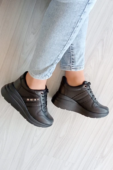 Kadın Siyah Yüksek Topuk Ortopedik Taban Cilt Spor Bot - 2