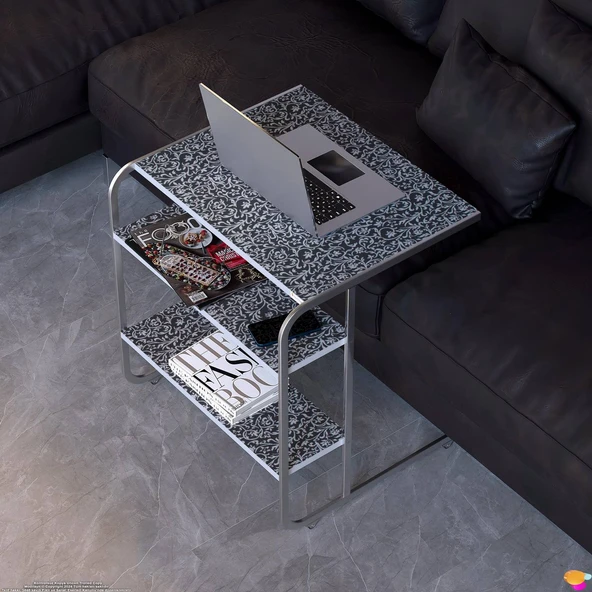 Modilayn C Yan Sehpa Geniş Boy Tekerlekli Çalışma, Atıştırmalık, Yemek, Laptop Sehpası Siyah Desenli