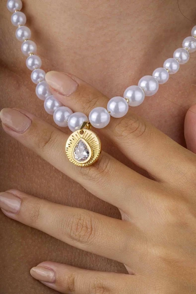 Gümüş Pazarım Damla Taşlı Altın Kaplama İnci Taneli Kadın Çelik Kolye