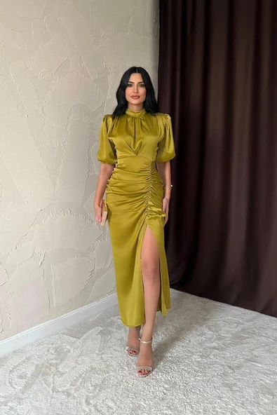 Yağ Yeşili Büzgülü Saten Elbise ürün görseli