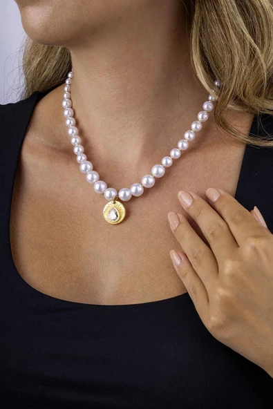 Gümüş Pazarım Damla Taşlı Altın Kaplama İnci Taneli Kadın Çelik Kolye - 3