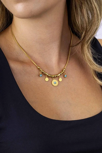 Gümüş Pazarım Firuze Taşlı Silindir Zincir Altın Kaplama Kadın Çelik Kolye ürün görseli