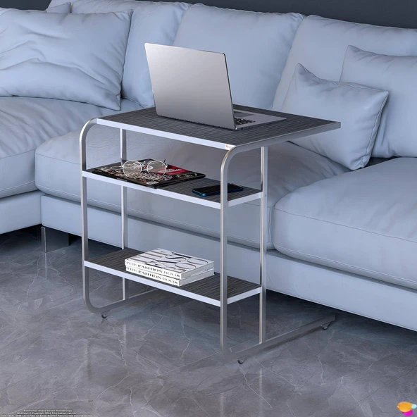 Modilayn C Yan Sehpa Geniş Boy Tekerlekli Çalışma, Atıştırmalık, Yemek, Laptop Sehpası Siyah Çizgili - 7