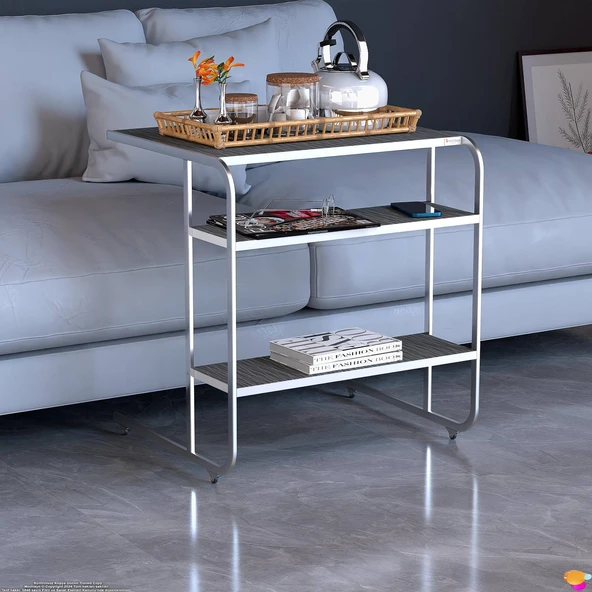 Modilayn C Yan Sehpa Geniş Boy Tekerlekli Çalışma, Atıştırmalık, Yemek, Laptop Sehpası Siyah Çizgili - 4