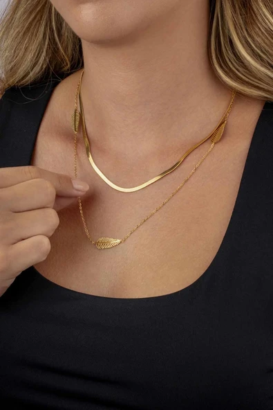 Gümüş Pazarım Altın Kaplama Yaprak Motifli Çift Zincir Kadın Çelik Zincir