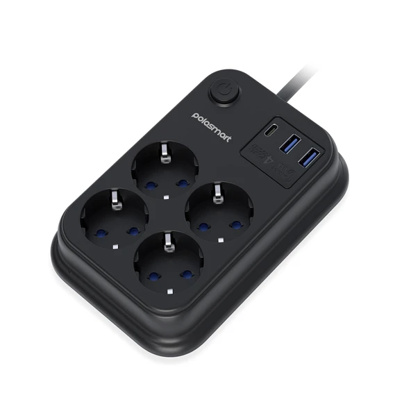 Polosmart MP22 Akım Korumalı 4 Priz 2 USB 1 Type-C Çıkışlı Uzatma Kablosu 2 Metre Siyah