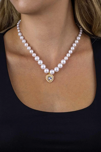 Gümüş Pazarım Kalp Motifli Altın Kaplama İnci Taneli Çelik Kadın Kolye ürün görseli 1