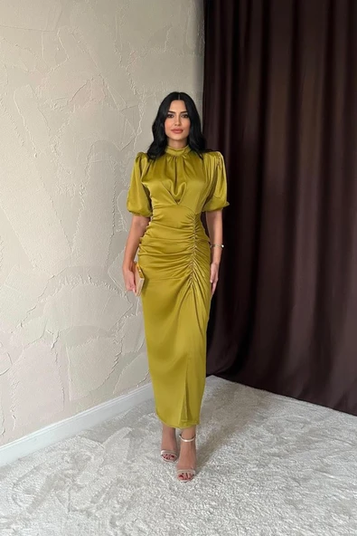 Yağ Yeşili Büzgülü Saten Elbise - Resim 4