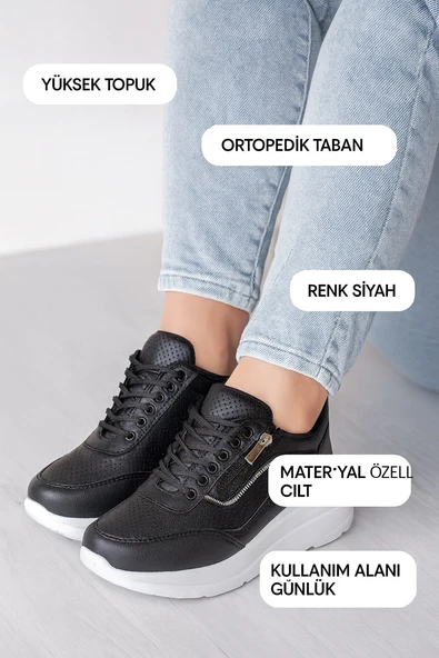 Kadın Siyah Yüksek Topuk Ortopedik Taban Cilt Spor Bot - 9