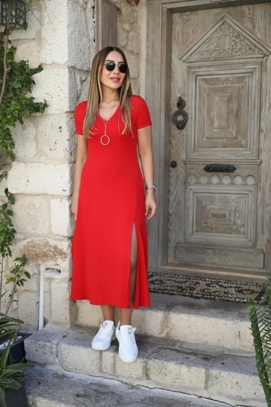 Kadın Kısa Kollu V Yaka Maxi Boy Elbise 124 Cm - Resim 4