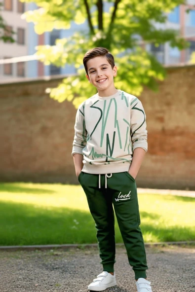 Çizgi Desenli Yeşil Renk Erkek Çocuk Eşofman Takım - Resim 3