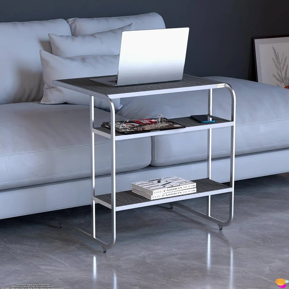 Modilayn C Yan Sehpa Geniş Boy Tekerlekli Çalışma, Atıştırmalık, Yemek, Laptop Sehpası Siyah Çizgili - 3