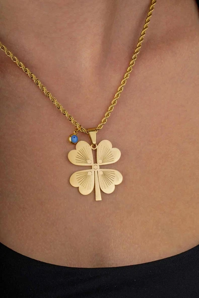 Gümüş Pazarım 4 Yapraklı Altın Kaplama Burgu Zincir Kadın Çelik Kolye