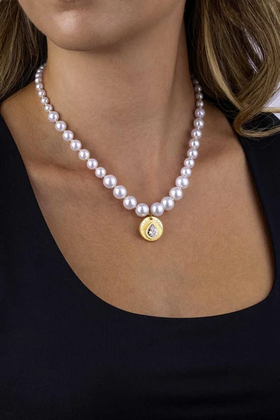 Gümüş Pazarım Damla Taşlı Altın Kaplama İnci Taneli Kadın Çelik Kolye - 2