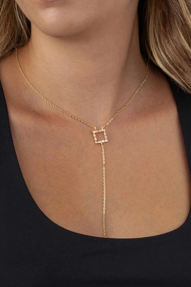 Gümüş Pazarım Baget Taşlı Kare Y Model Altın Kaplama Kadın Çelik Kolye ürün görseli 1