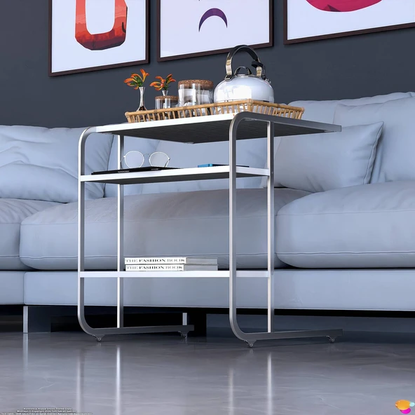 Modilayn C Yan Sehpa Geniş Boy Tekerlekli Çalışma, Atıştırmalık, Yemek, Laptop Sehpası Siyah Çizgili - 2