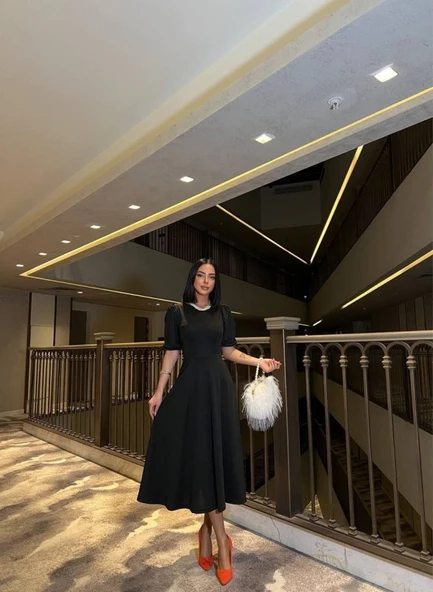 Kadın Bisiklet Yaka Kısa Kol Lastik Detay Uzun Elbise - Resim 2