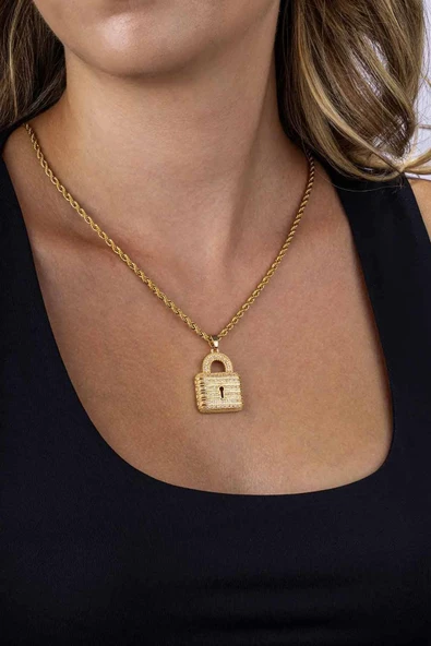 Gümüş Pazarım Altın Kaplama Kilit Model Burgu Zincir Kadın Çelik Kolye - 3