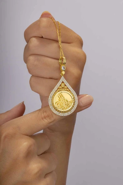 Gümüş Pazarım Damla Kesim Osmanlı Tuğralı Altın Kaplama Kadın Gümüş Kolye - 3