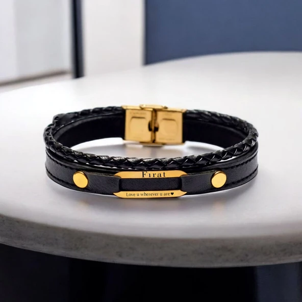 İsme Özel Aşk Temalı Oval Motifli Hakiki Siyah Derili 14 Ayar Altın Plakalı Hediye Bileklik-391 - Resim 2