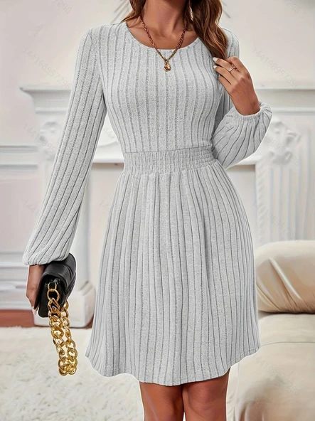 Kadın Uzun Kollu Bisiklet Yaka Beli Lastikli şardonlu Kaşkorse Mini Elbise - Resim 3