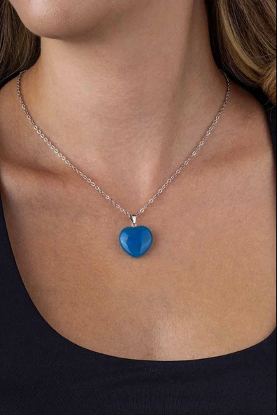Gümüş Pazarım Kalp Kesim Orijinal Mavi Akik Doğal Taş Çelik Zincir Kadın Kolye - 3