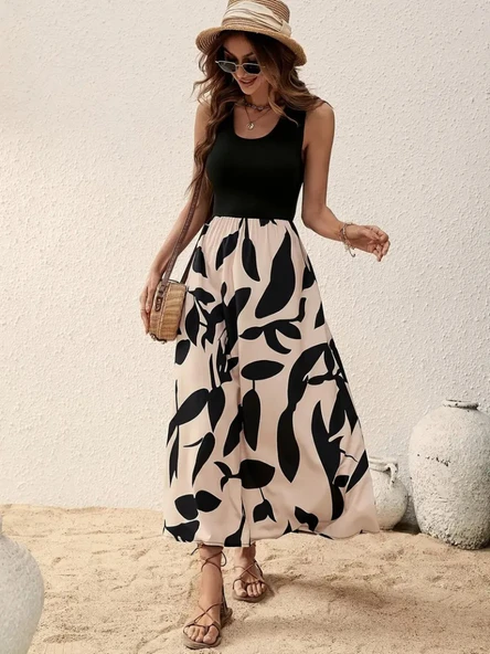 Kadın Askılı Yuvarlak Yaka üst Viskon Alt Desenli Uzun Süprem Elbise - Resim 4