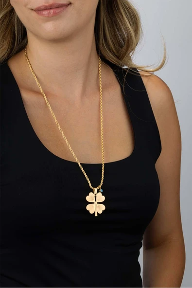 Gümüş Pazarım 4 Yapraklı Altın Kaplama Burgu Zincir Kadın Çelik Kolye - 4