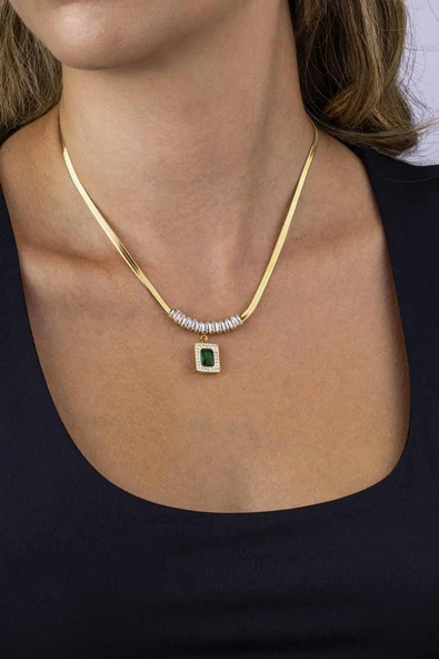 Gümüş Pazarım Altın Kaplama Baget Taşlı İtalyan Zincir Kadın Çelik Kolye - Resim 3