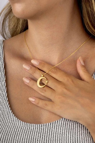 Gümüş Pazarım Altın Kaplama Ay Yıldız 925 Ayar Gümüş Kadın Kolye - 2