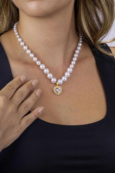 Gümüş Pazarım Kalp Motifli Altın Kaplama İnci Taneli Çelik Kadın Kolye - Resim 3