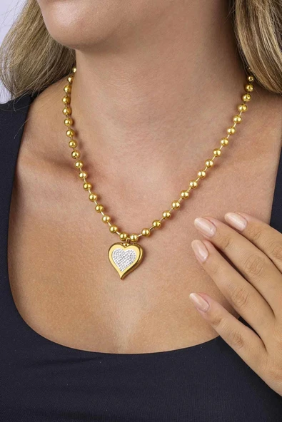 Gümüş Pazarım Altın Kaplama Top Zincir Kalp Kadın Çelik Kolye ürün görseli 1