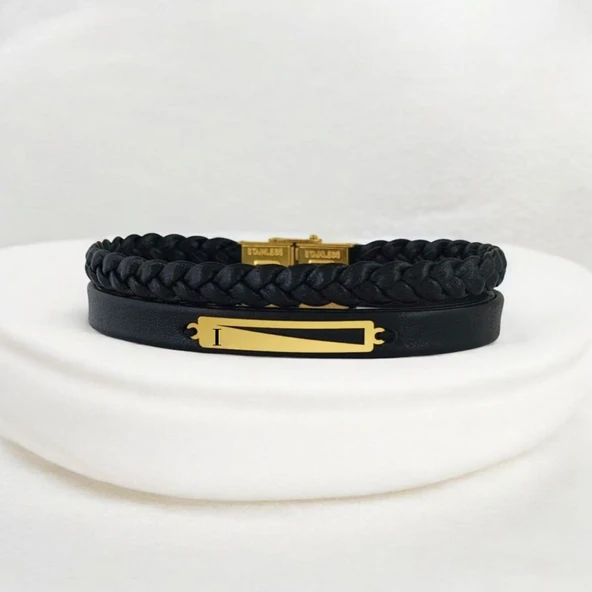 Harfe Özel 14 Ayar Altın Plakalı Dikdörtgen Figürlü Hakiki Siyah Derili Hediye Bileklik-393 - Resim 3