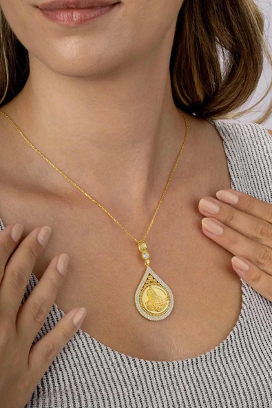 Gümüş Pazarım Damla Kesim Osmanlı Tuğralı Altın Kaplama Kadın Gümüş Kolye - 2