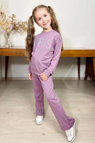 Kız Çocuk Kristal Taş Paris Yazılı İspanyol Paça Mor Eşofman Takım ürün görseli