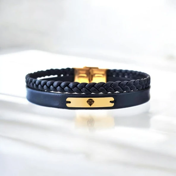 Elmas Temalı Dikdörtgen Figürlü 14 Ayar Altın Plakalı Erkeklere Özel Hakiki Siyah Derili Hediye Bileklik-395 - Resim 2