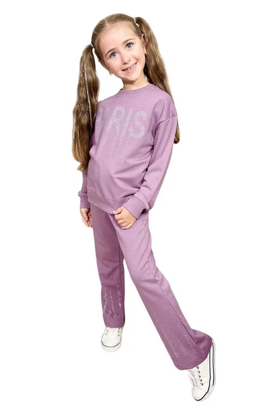 Kız Çocuk Kristal Taş Paris Yazılı İspanyol Paça Mor Eşofman Takım - Resim 9