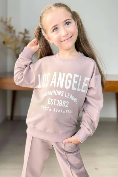 Kız Çocuk Üzeri New Los Angeles Detaylı Bilekleri Manşetli Bol Kesim Pudra Eşofman Takım - Resim 2