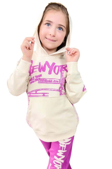 Kız Çocuk Üzeri New York Yazı Detaylı Bilekleri Manşetli Sweatshirt Mor Eşofman Takım - Resim 7