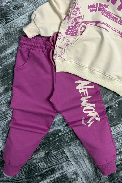 Kız Çocuk Üzeri New York Yazı Detaylı Bilekleri Manşetli Sweatshirt Mor Eşofman Takım - Resim 5