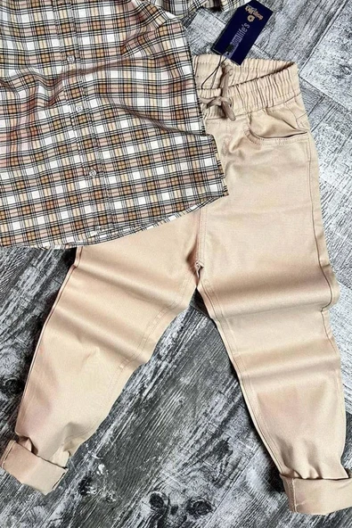 Erkek Çocuk Likralı Gabardin Çizgili Dokuma Kahverengi Gömlek Alt Üst Takım - Resim 3