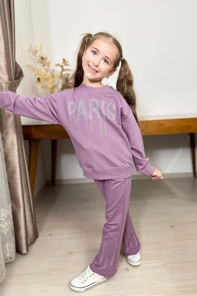 Kız Çocuk Kristal Taş Paris Yazılı İspanyol Paça Mor Eşofman Takım - Resim 2