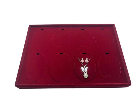 Süet Kumaş Bordo 34-24 Cm Ayaklı 8 Pedli Kolye Tabla Stand - 4