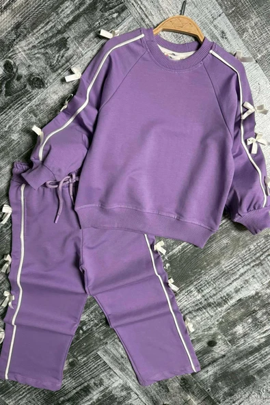 Kız Çocuk Kolları ve Gövdesi Fiyonk Şerit Detaylı Lila Eşofman Takım - Resim 3