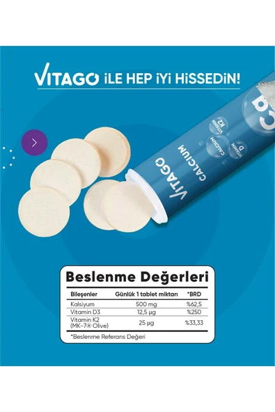 Vitago Prokalsiyum, Vitamin D,vitamin K2 Efervesan Tablet - Resim 3