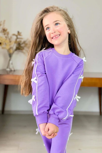 Kız Çocuk Kolları ve Gövdesi Fiyonk Şerit Detaylı Lila Eşofman Takım - Resim 2