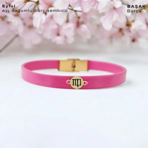 Doğum Ayına Özel 14 Ayar Altın Plakalı Yuvarlak Motifli Doğal Pembe Derili Hediye Bileklik-394 ürün görseli